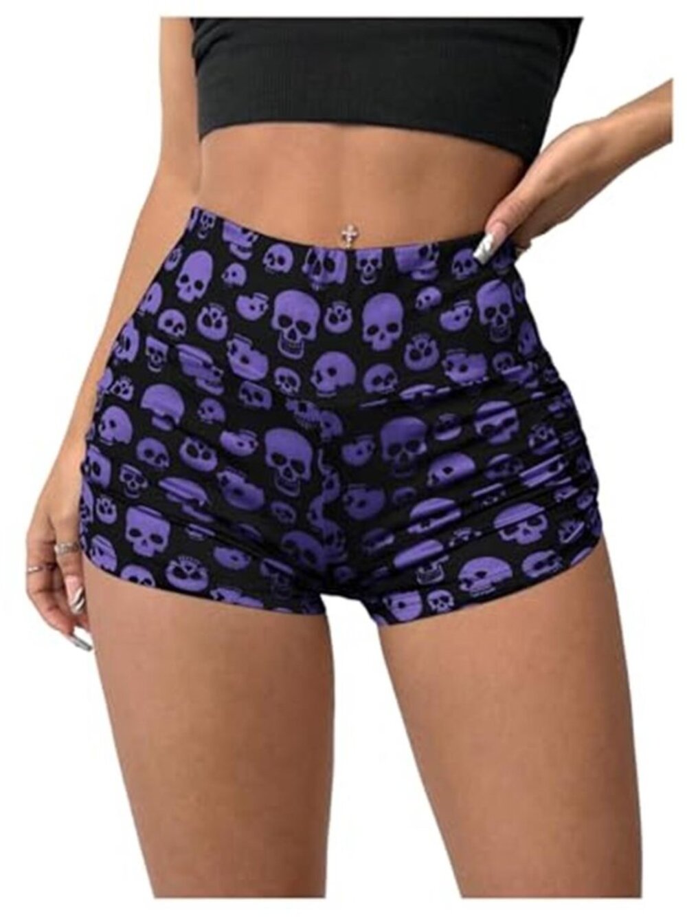 WDIRARA Women's Goth High Waisted Shorts Ruched Yoga Biker Skeleton Shorts